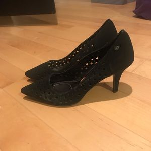 Black laser cut suede heels